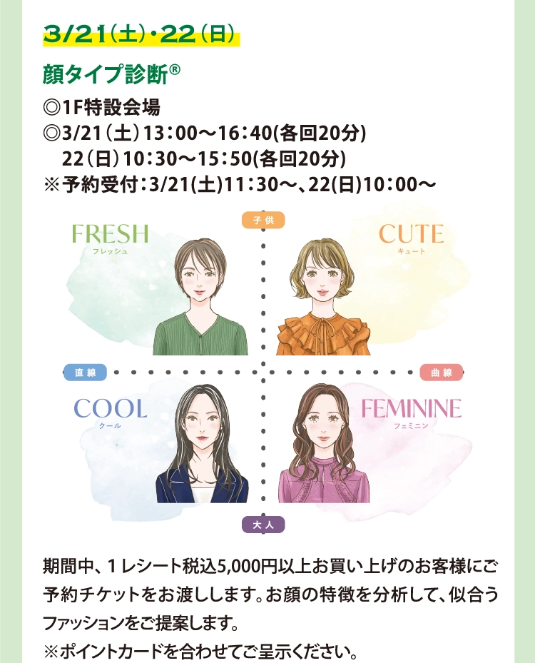 顔タイプ診断®
◎1F特設会場
◎3/21（土）13：00～16：40(各回20分)
　22（日）10：30～15：50(各回20分)
※予約受付：3/21(土)11：30～、22(日)10：00～