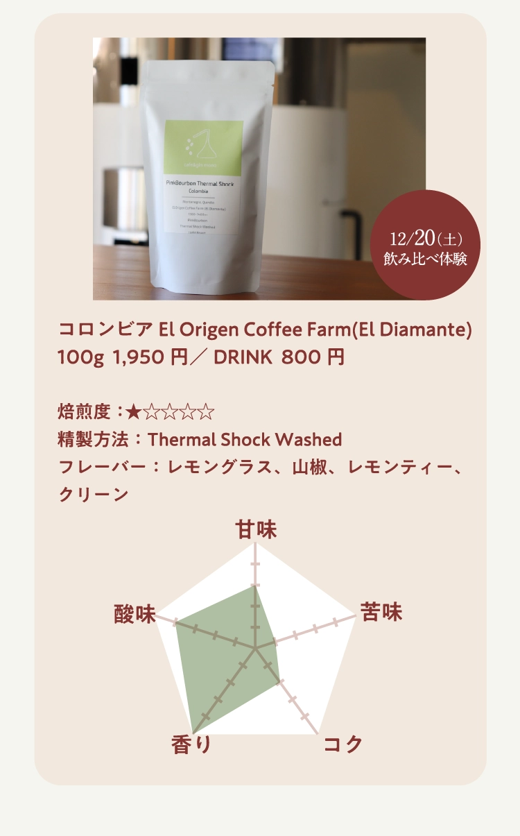 コロンビア El Origen Coffee Farm(El Diamante)
100g  1,950円／DRINK  800円

焙煎度：★★★★★ 
精製方法：Thermal Shock Washed
フレーバー：レモングラス、山椒、レモンティー、クリーン