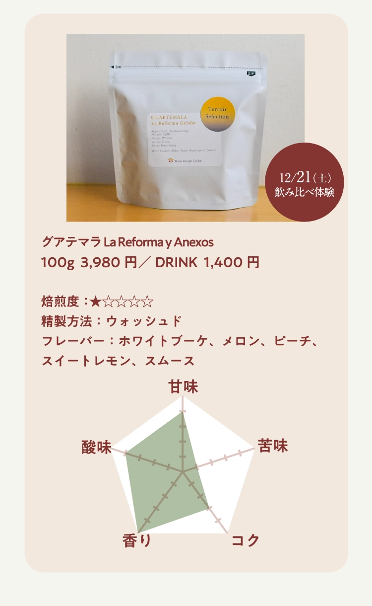 グアテマラ La Reforma y Anexos
100g  3,980円／DRINK  1,400円

焙煎度：★★★★★ 
精製方法：ウォッシュド
フレーバー：ホワイトブーケ、メロン、ピーチ、スイートレモン、スムース
