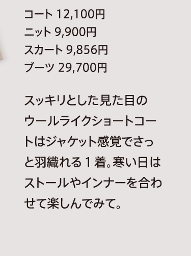 コート 12,100円
              ニット 9,900円
              スカート 9,856円
              ブーツ 29,700円
              