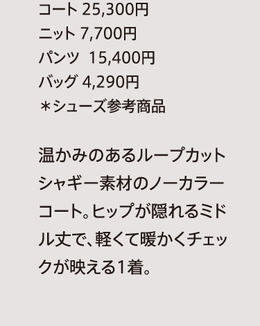 コート 25,300円
              ニット 7,700円
              パンツ  15,400円
              バッグ 4,290円
              ＊シューズ参考商品
              