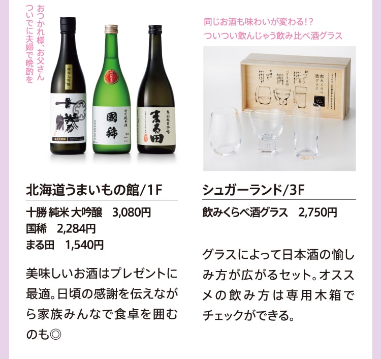 おつかれ様、お父さん ついでに夫婦で晩酌を 北海道うまいもの館/1F 十勝 純米 大吟醸　3,080円 国稀 2,284円 まる田 1,540円 美味しいお酒はプレゼントに最適。日頃の感謝を伝えながら家族みんなで食卓を囲むのも◎ シュガーランド/3F 飲みくらべ酒グラス 2,750円 グラスによって日本酒の愉しみ方が広がるセット。オススメの飲み方は専用木箱でチェックができる。