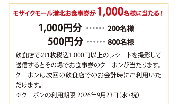 モザイクモール港北お食事券が1,000名様に当たる ！