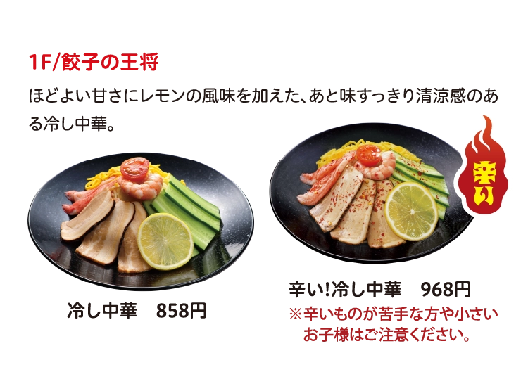 1F/餃子の王将
ほどよい甘さにレモンの風味を加えた、あと味すっきり清涼感のある冷し中華。
