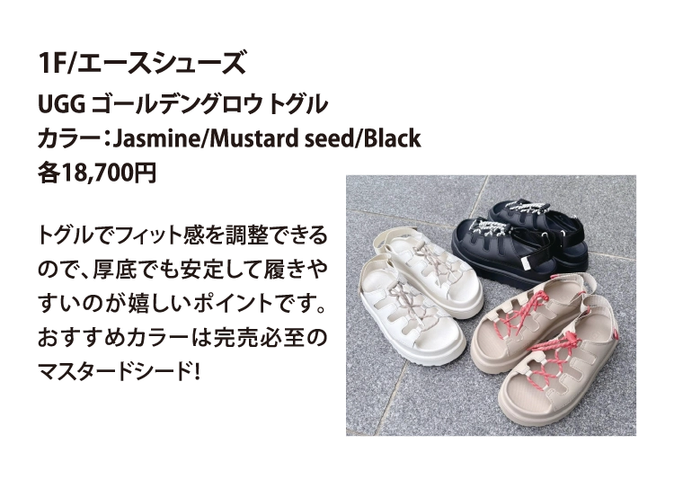 1F/エースシューズ
UGG ゴールデングロウ トグル
カラー：Jasmine/Mustard seed/Black 
各18,700円