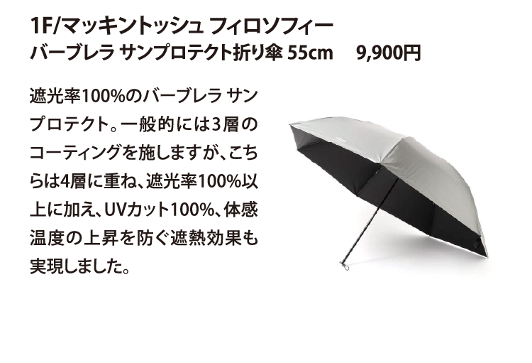 1F/マッキントッシュ フィロソフィー
バーブレラ サンプロテクト折り傘 55cm　 9,900円